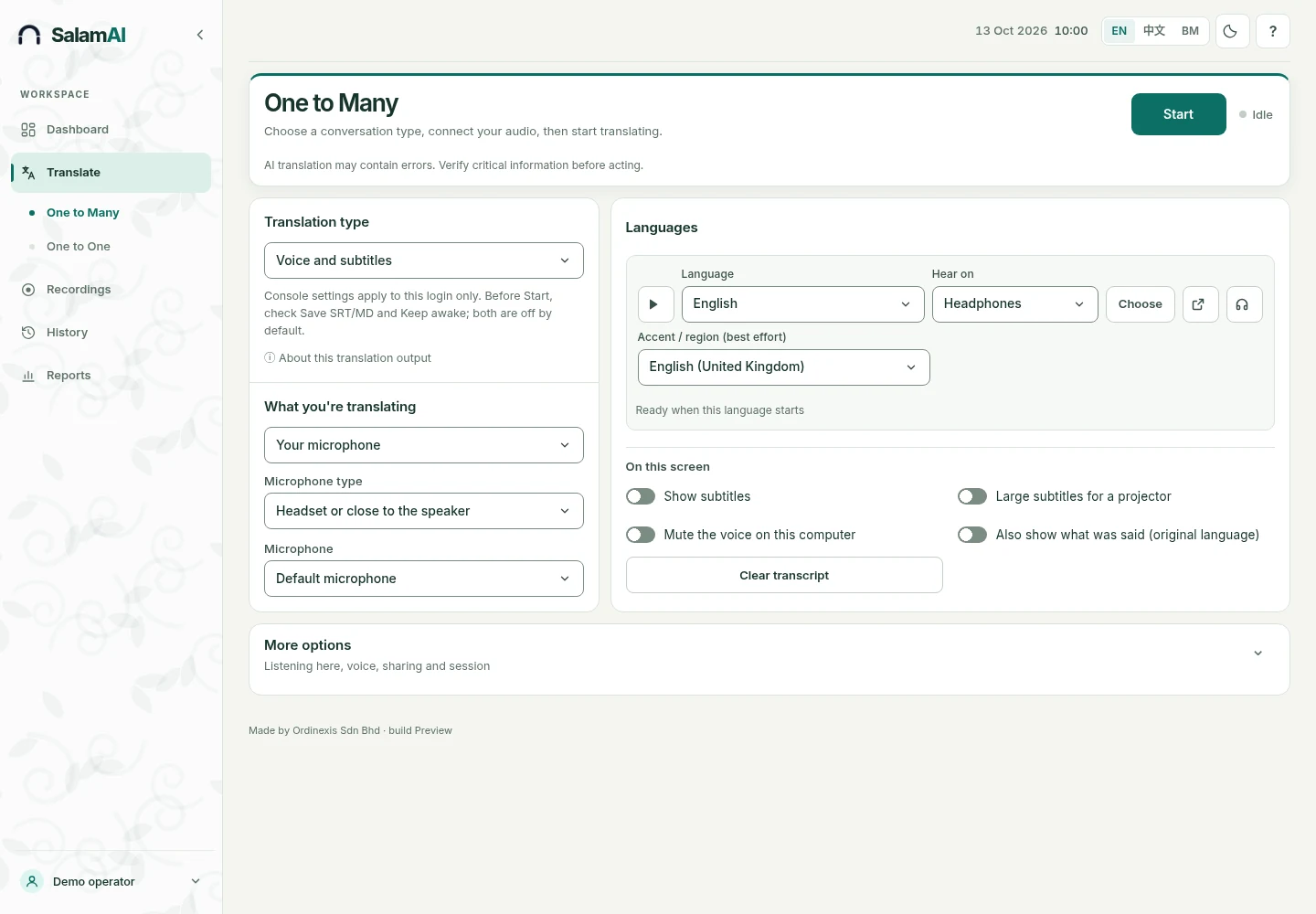 SalamAI interface. Sample data.